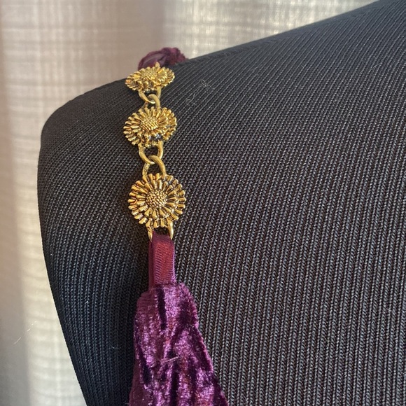 Jessica McClintock Gunne Sax Wine Color Velvet Gown Dress Gold Flower Straps - Picture 3 of 13